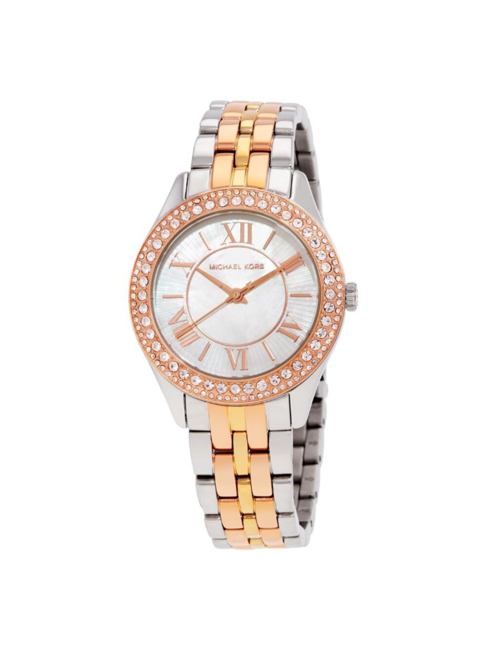 NWT Michael Kors Mini Harlowe Pave Tri-Tone Quartz Silver Dial Watch